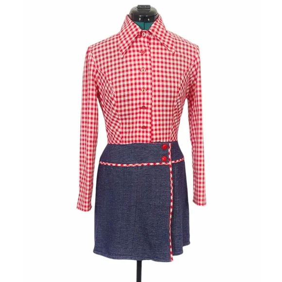 1960s Romper 1970s Jumpsuit Vintage Mini Dress Shorts Red White Blue Gingham - Picture 7 of 7